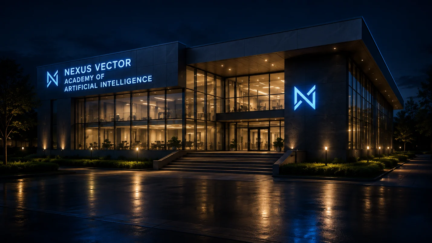 The Nexus Vector Academy building at night
